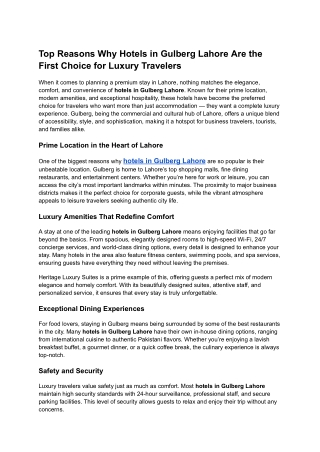 Top Reasons Why Hotels in Gulberg Lahore Are the First Choice for Luxury Travelers