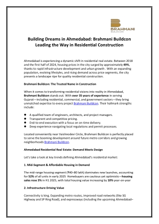 Building Dreams in Ahmedabad Brahmani Buildcon Leading the Way in Residential Construction