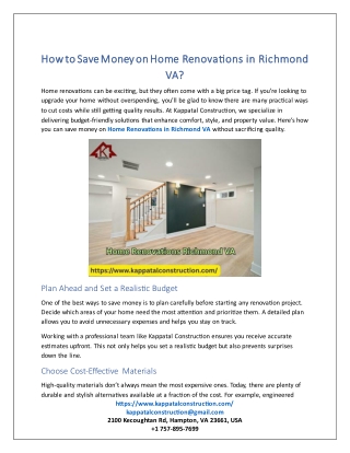 How to Save Money on Home Renovations in Richmond VA?