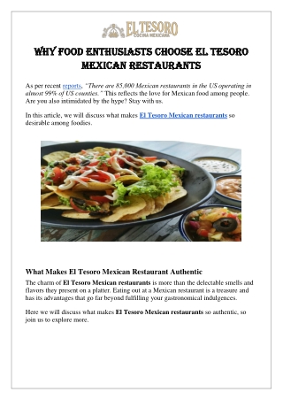 Why Food Enthusiasts Choose El Tesoro Mexican Restaurants