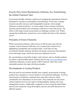 Why Clean Biochemistry Supports the Trick to World-wide Chemical Solutions