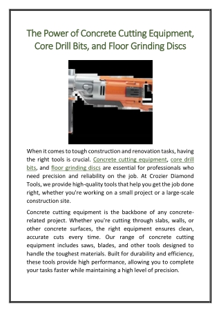 The Power of Concrete Cutting Equipment, Core Drill Bits, and Floor Grinding Discs