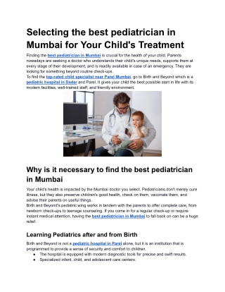 Selecting the best pediatrician in Mumbai for Your Child's Treatment
