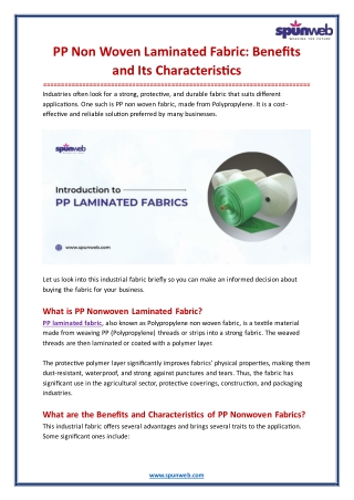 PP Non Woven Laminated Fabric: Benefits and Its Characteristics