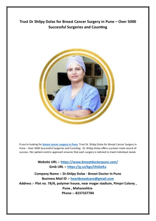 Trust Dr Shilpy Dolas for Breast Cancer Surgery in Pune – Over 5000 Successful Surgeries and Counting