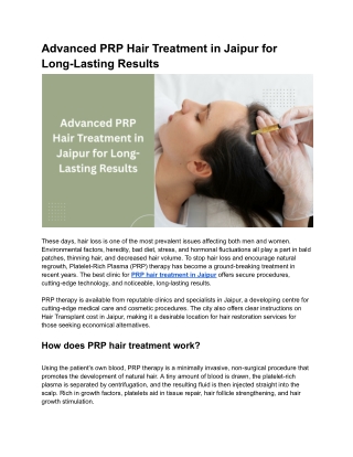 Advanced PRP Hair Treatment in Jaipur for Long-Lasting Results