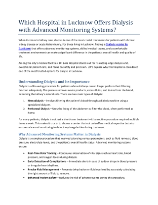 Which Hospital in Lucknow Offers Dialysis with Advanced Monitoring Systems