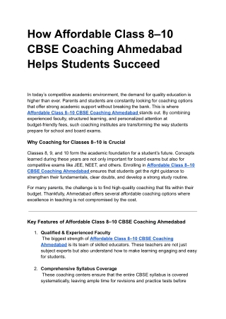 How Affordable Class 8–10 CBSE Coaching Ahmedabad Helps Students Succeed