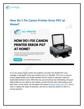How Do I Fix Canon Printer Error P07 at Home