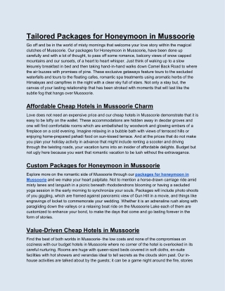 Tailored Packages for Honeymoon in Mussoorie