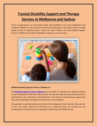 Trusted Disability Support and Therapy Services in Melbourne and Sydney