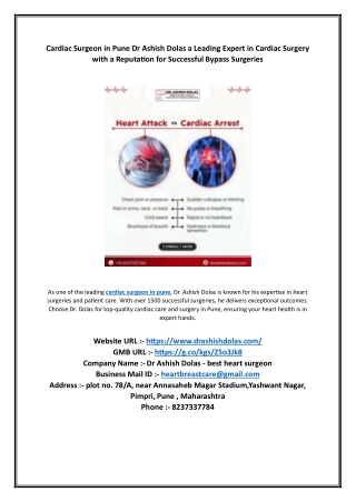Cardiac Surgeon in Pune Dr Ashish Dolas a Leading Expert in Cardiac Surgery with a Reputation for Successful Bypass Surg
