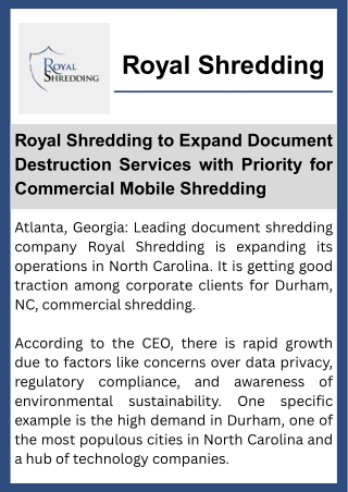Royal Shredding to Expand Document Destruction Services with Priority for Commercial Mobile Shredding