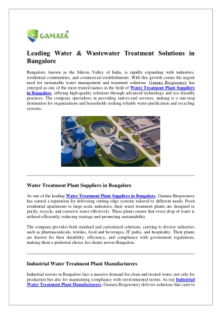 Leading Water & Wastewater Treatment Solutions in Bangalore