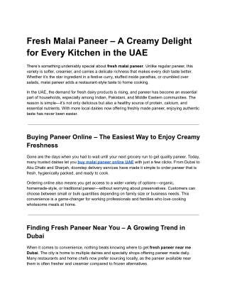 Fresh Malai Paneer – A Creamy Delight for Every Kitchen in the UAE