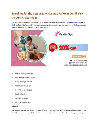 Searching for the best Luxury massage Parlor in Delhi Visit the Amrita Spa today