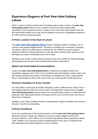 Experience Elegance at Park View Hotel Gulberg Lahore