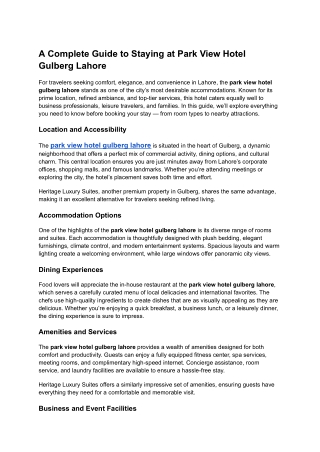 A Complete Guide to Staying at Park View Hotel Gulberg Lahore