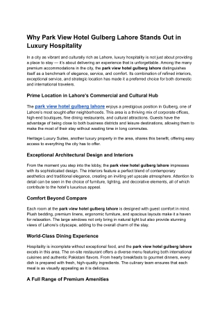 Why Park View Hotel Gulberg Lahore Stands Out in Luxury Hospitality