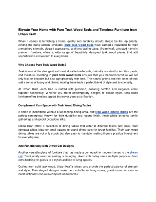 Elevate Your Home with Pure Teak Wood Beds and Timeless Furniture from Urban Kraft