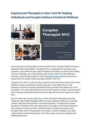 Experienced Therapists in New York NY Helping Individuals and Couples Achieve Emotional Wellness