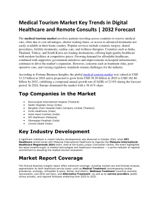 Medical Tourism Market Growth Outlook for Fertility and IVF Procedures | 2032