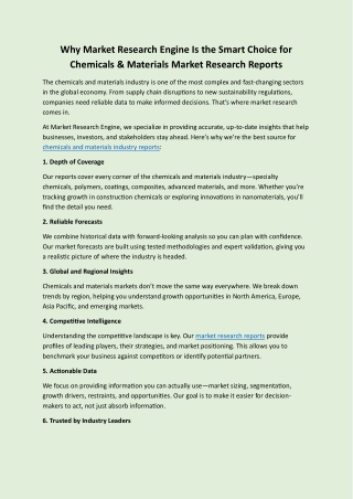 Why Market Research Engine Is the Smart Choice for Chemicals & Materials Market Research Reports