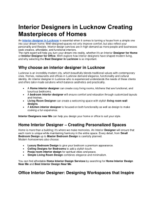 Interior Designers in Lucknow Creating Masterpieces of Homes