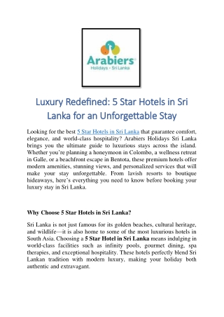 Luxury Redefined 5 Star Hotels in Sri Lanka for an Unforgettable Stay