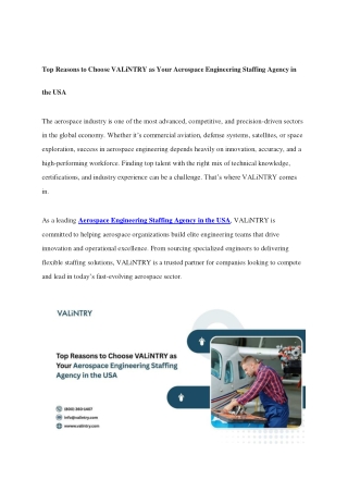 Top Reasons to Choose VALiNTRY as Your Aerospace Engineering Staffing Agency in the USA