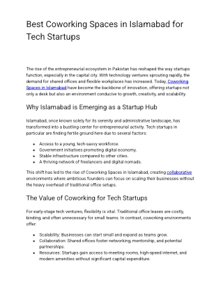 Best Coworking Spaces in Islamabad for Tech Startups