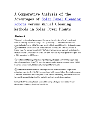 A Comparative Analysis of the Advantages of Solar Panel Cleaning Robots versus Manual Cleaning Methods in Solar Power Pl
