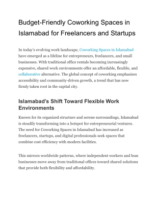 Budget-Friendly Coworking Spaces in Islamabad for Freelancers and Startups
