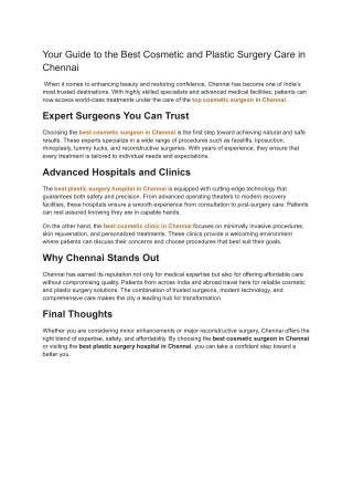 Your Guide to the Best Cosmetic and Plastic Surgery Care in Chennai