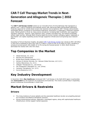 CAR-T Cell Therapy Market Growth Driven by AI and Digital Health Integration