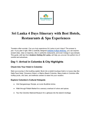 Sri Lanka 4 Days Itinerary with Best Hotels, Restaurants & Spa Experiences