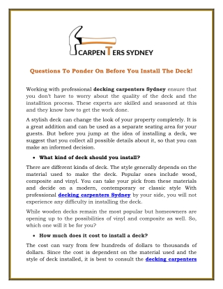 Questions To Ponder On Before You Install The Deck