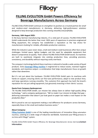 FILLING EVOLUTION GmbH Powers Efficiency for Beverage Manufacturers Across Germany