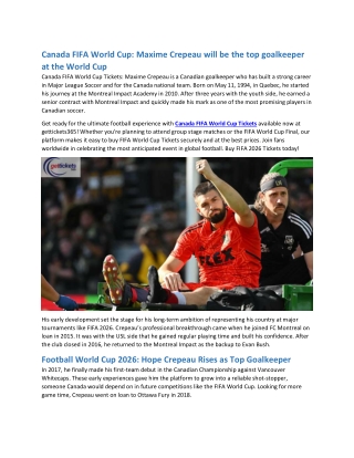 Canada FIFA World Cup Maxime Crepeau will be the top goalkeeper at the World Cup