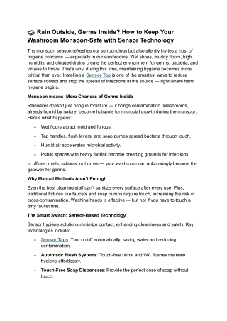 Rain Outside Germs Inside How to Keep Your Washroom Monsoon-Safe with Sensor Technology