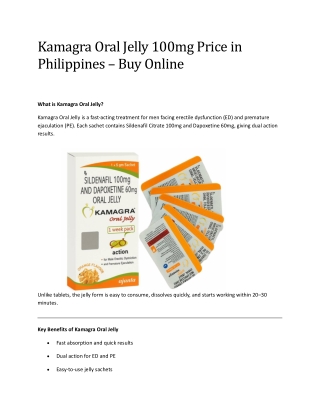 Kamagra Oral Jelly- Affordable Men’s Health Solution in the Philippines