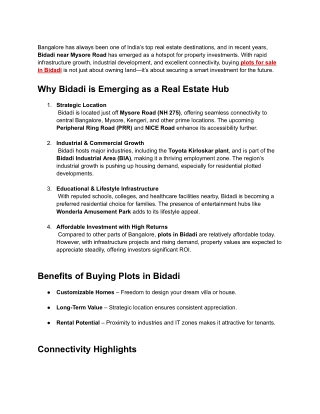 Plots for sale in Bidadi