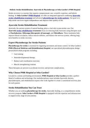 Holistic Stroke Rehabilitation Ayurveda & Physiotherapy at Seha Garden’s PMR Hospital