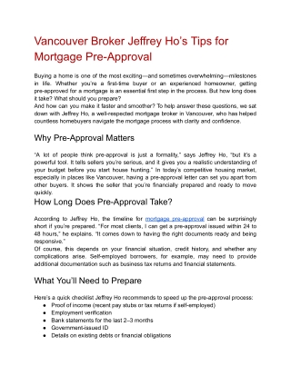 Vancouver Mortgage Broker Jeffrey Ho Reveals Pre-Approval Secrets