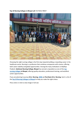 Top 10 Nursing Colleges in Bhopal call  9175652 99047