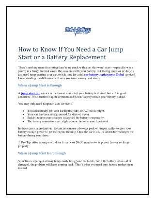 How to Know If You Need a Car Jump Start or a Battery Replacement