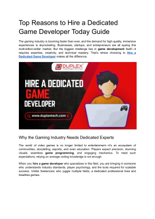 Top Reasons to Hire a Dedicated Game Developer Today Guide