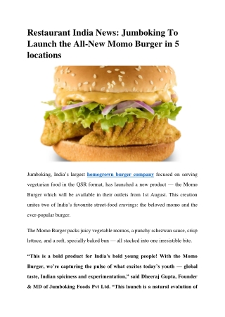 Restaurant India News Jumboking To Launch the All-New Momo Burger in 5 locations