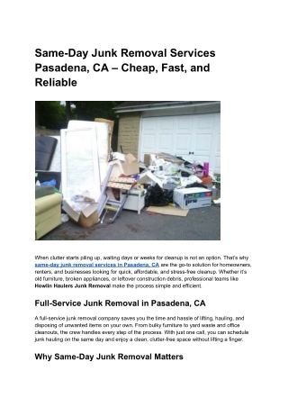 Same-Day Junk Removal Services Pasadena, CA – Cheap, Fast, and Reliable