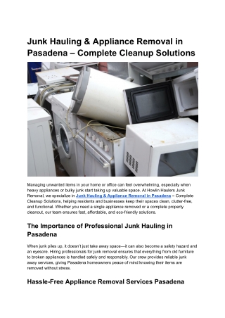 Junk Hauling & Appliance Removal in Pasadena – Complete Cleanup Solutions